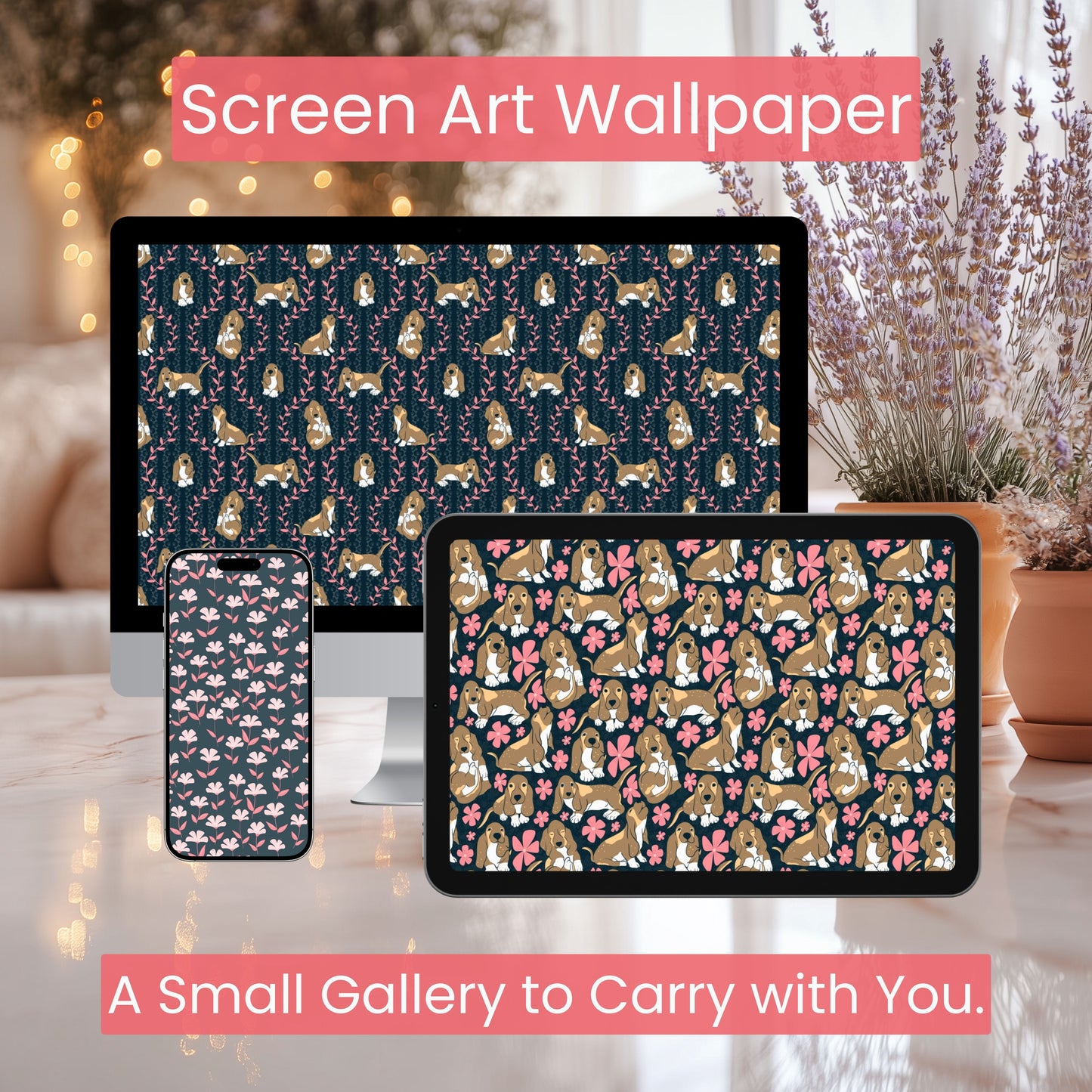 Basset Hound Wallpaper Bundle of 3 Black | Cute Dog Phone, Tablet & 4K Desktop Backgrounds | Cozy Aesthetic Screen Art | Instant Download | Personal Use