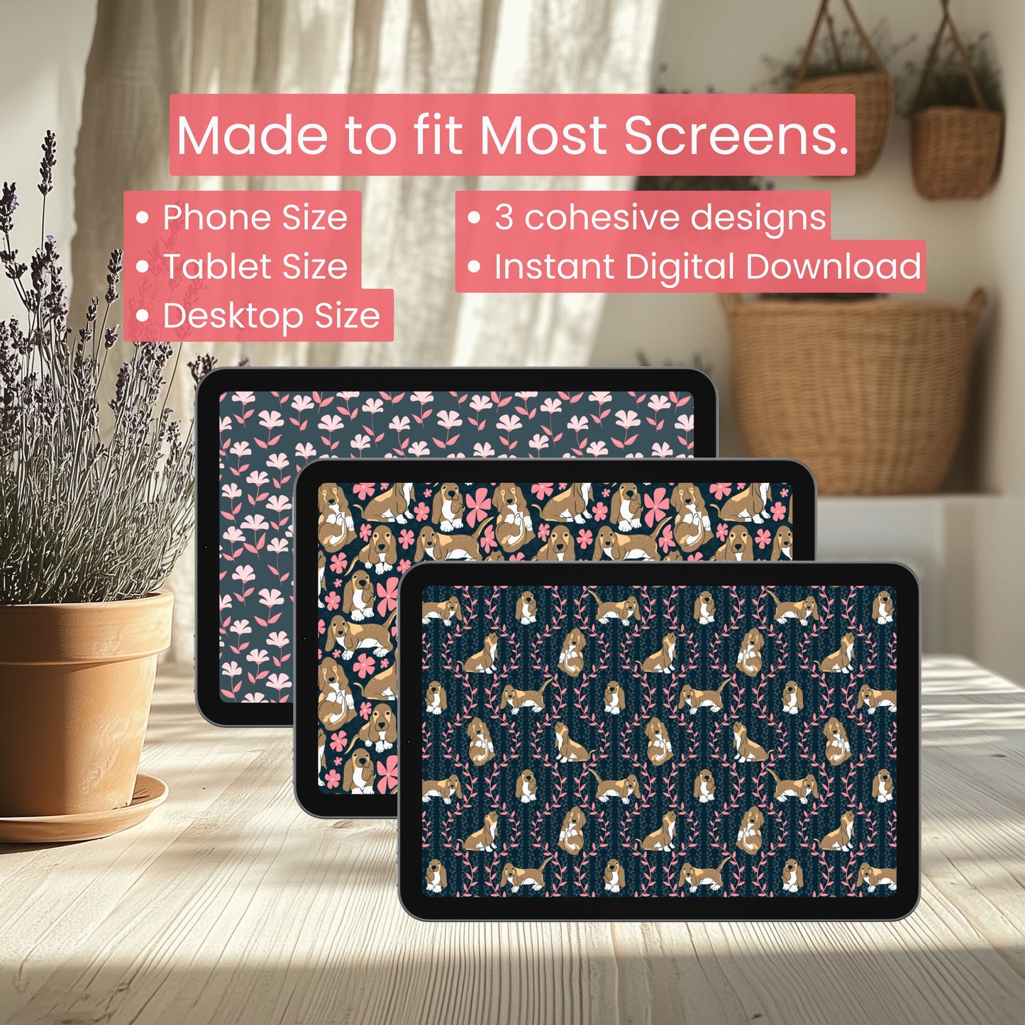 Basset Hound Wallpaper Bundle of 3 Black | Cute Dog Phone, Tablet & 4K Desktop Backgrounds | Cozy Aesthetic Screen Art | Instant Download | Personal Use