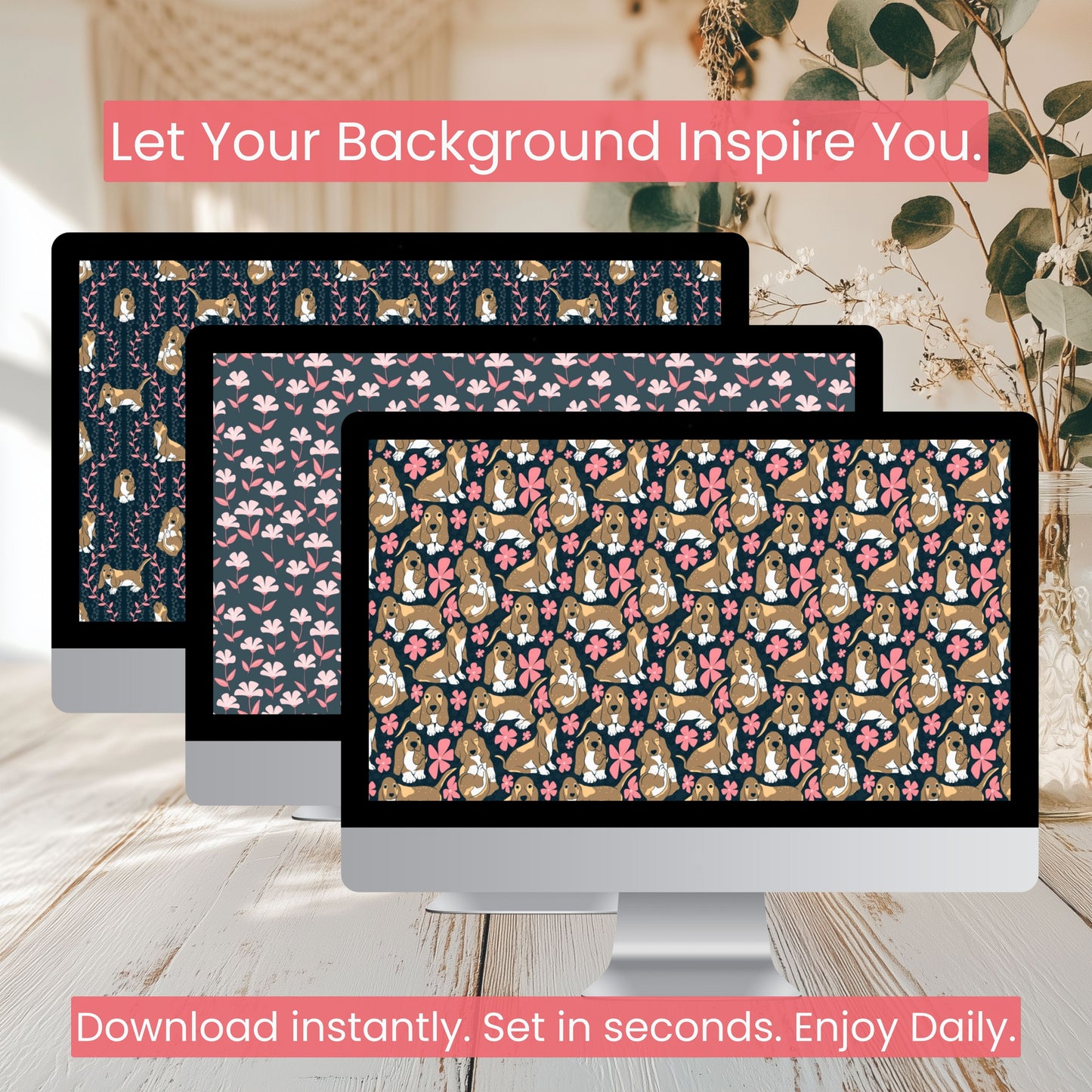 Basset Hound Wallpaper Bundle of 3 Black | Cute Dog Phone, Tablet & 4K Desktop Backgrounds | Cozy Aesthetic Screen Art | Instant Download | Personal Use