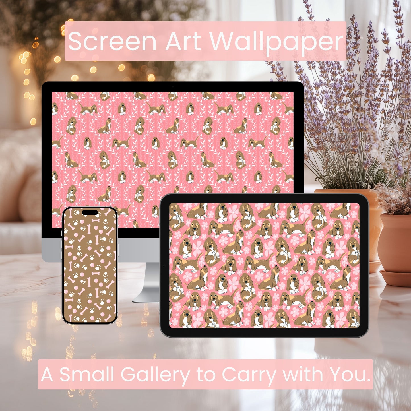 Basset Hound Wallpaper Bundle of 3 Pink | Cute Dog Phone, Tablet & 4K Desktop Backgrounds | Cozy Aesthetic Screen Art | Instant Download | Personal Use