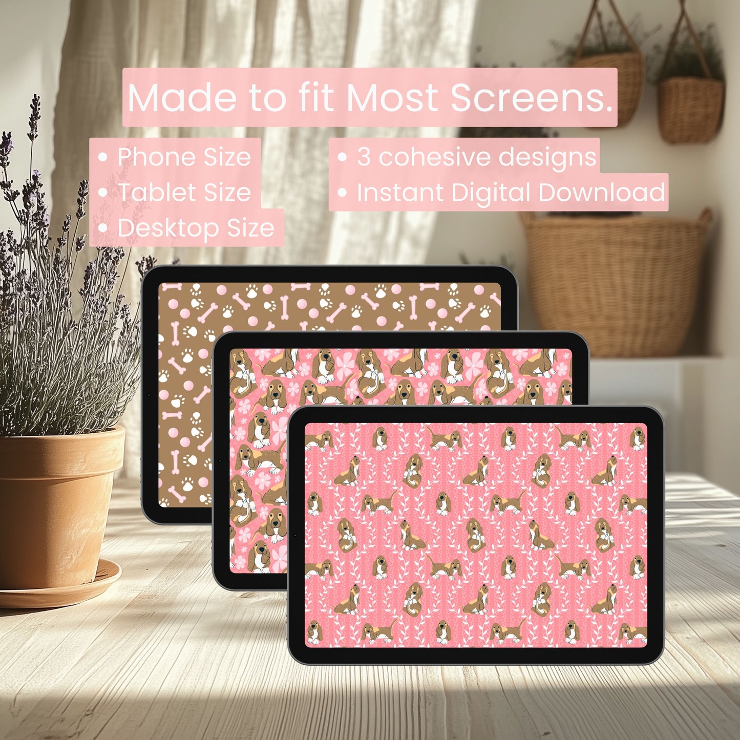 Basset Hound Wallpaper Bundle of 3 Pink | Cute Dog Phone, Tablet & 4K Desktop Backgrounds | Cozy Aesthetic Screen Art | Instant Download | Personal Use