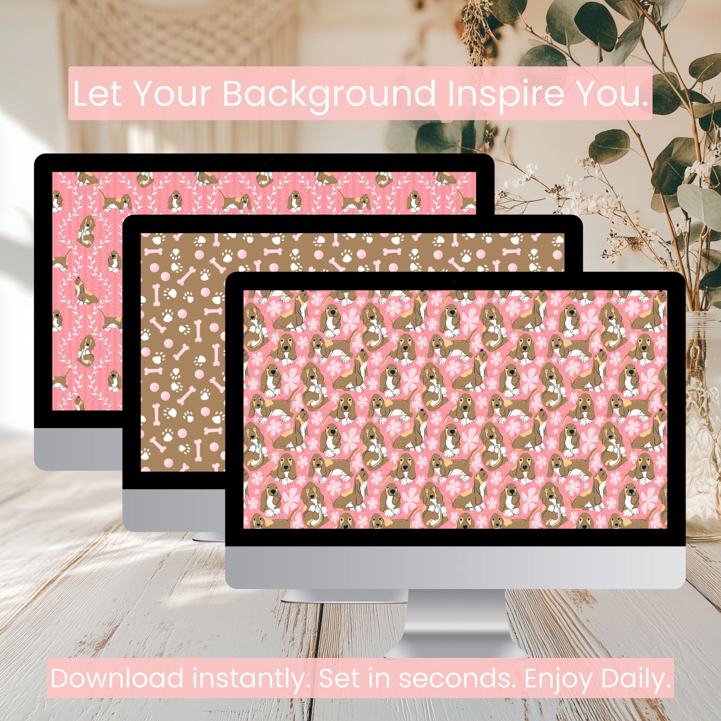 Basset Hound Wallpaper Bundle of 3 Pink | Cute Dog Phone, Tablet & 4K Desktop Backgrounds | Cozy Aesthetic Screen Art | Instant Download | Personal Use