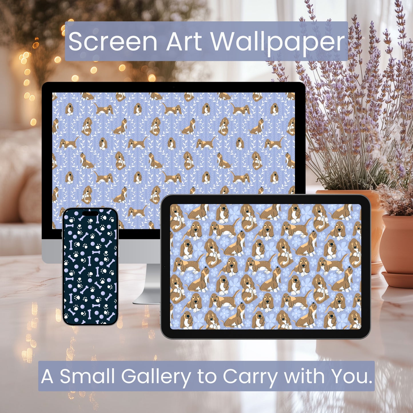 Basset Hound Wallpaper Bundle of 3 Purple | Cute Dog Phone, Tablet & 4K Desktop Backgrounds | Cozy Aesthetic Screen Art | Instant Download | Personal Use