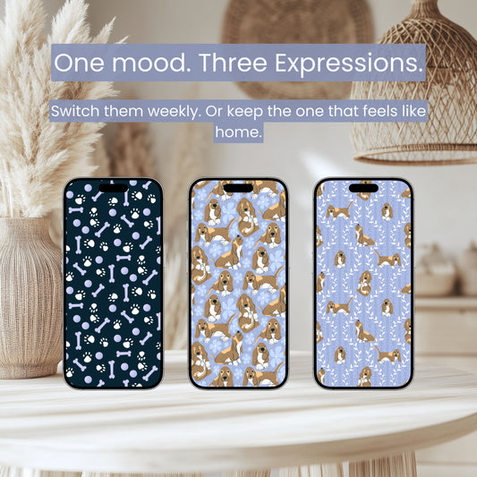 Basset Hound Wallpaper Bundle of 3 Purple | Cute Dog Phone, Tablet & 4K Desktop Backgrounds | Cozy Aesthetic Screen Art | Instant Download | Personal Use