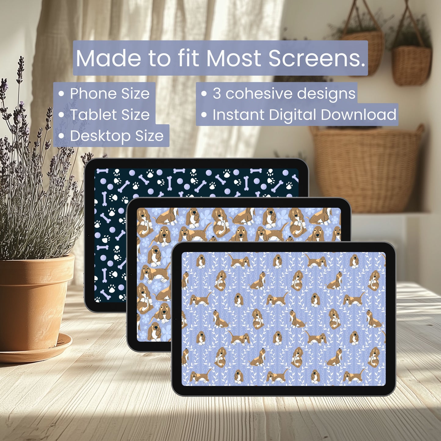 Basset Hound Wallpaper Bundle of 3 Purple | Cute Dog Phone, Tablet & 4K Desktop Backgrounds | Cozy Aesthetic Screen Art | Instant Download | Personal Use