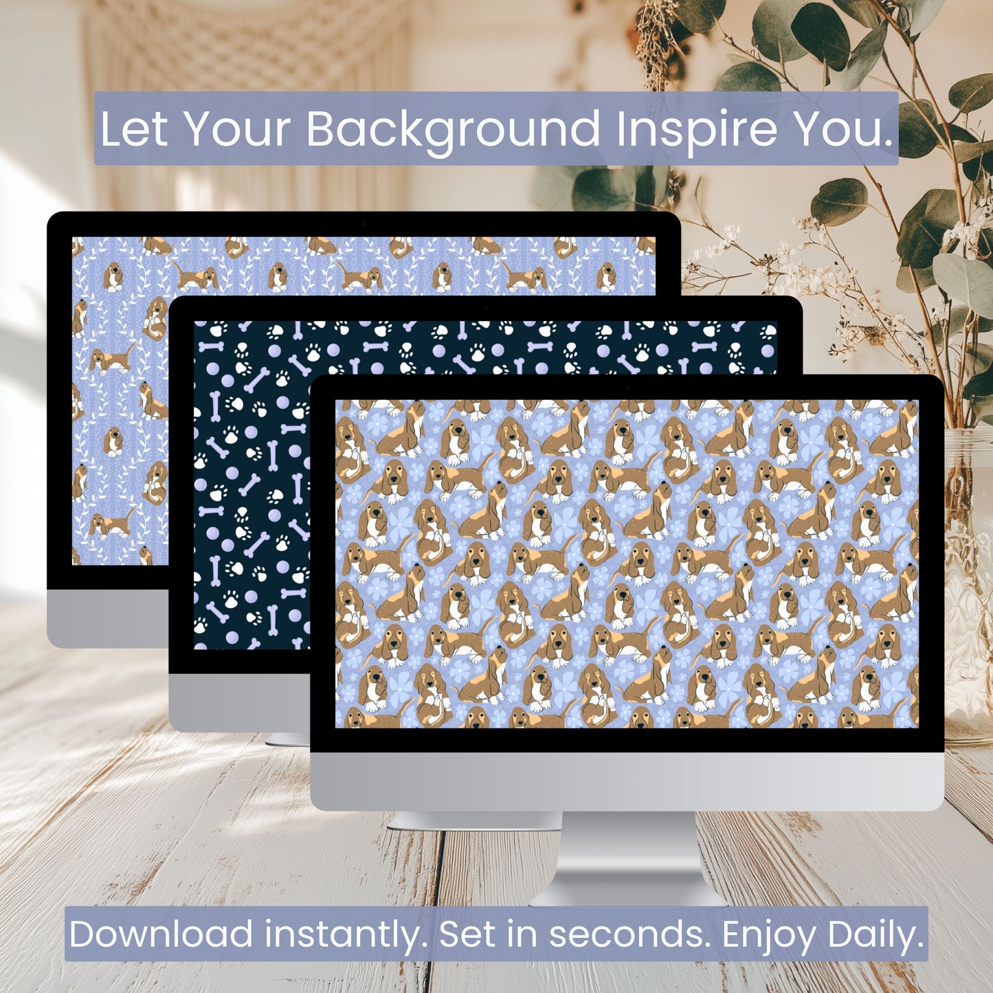 Basset Hound Wallpaper Bundle of 3 Purple | Cute Dog Phone, Tablet & 4K Desktop Backgrounds | Cozy Aesthetic Screen Art | Instant Download | Personal Use
