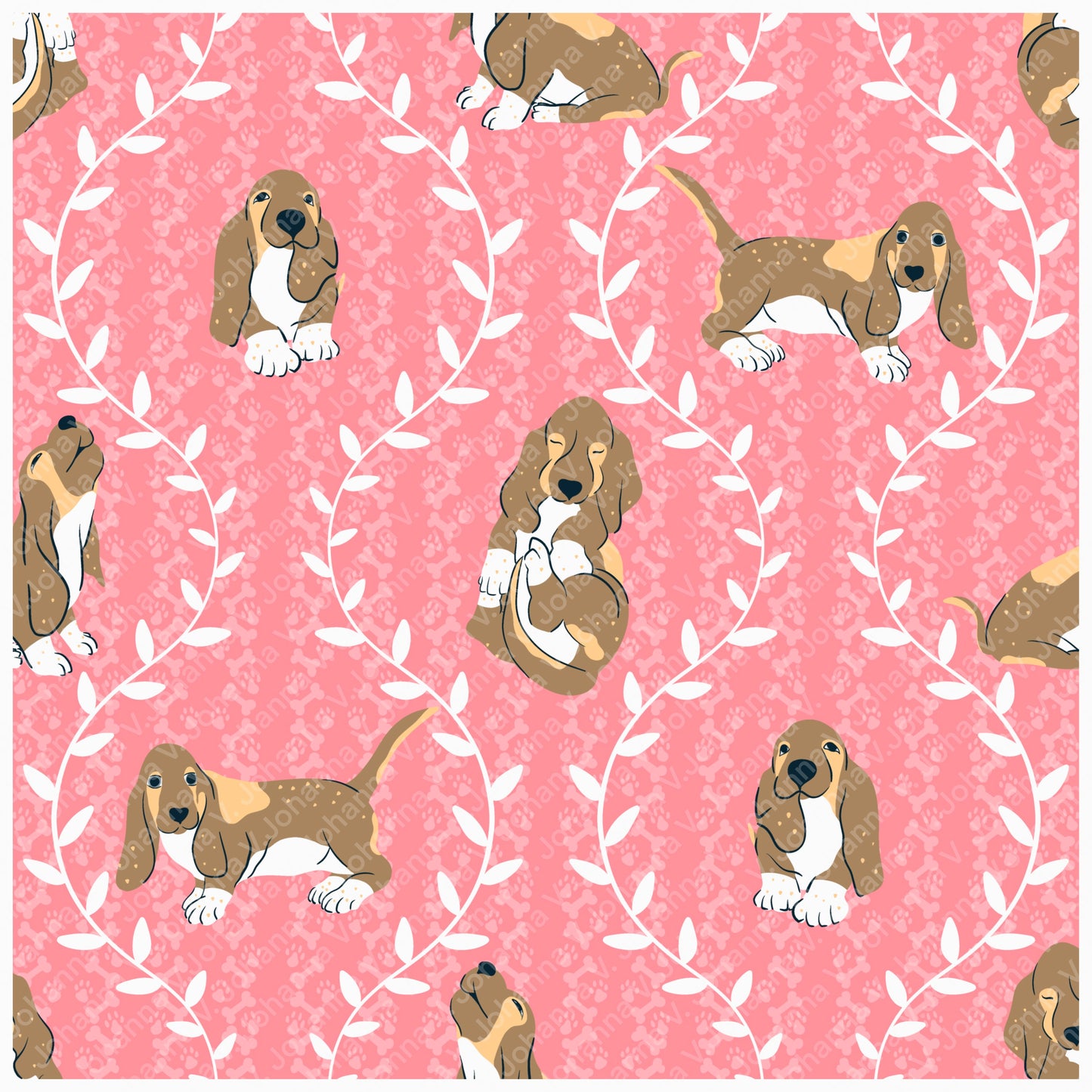 Basset Hound & Botanical Vines Seamless Pattern Pink | Cute Dog Pattern | 12x12” PNG Digital Download