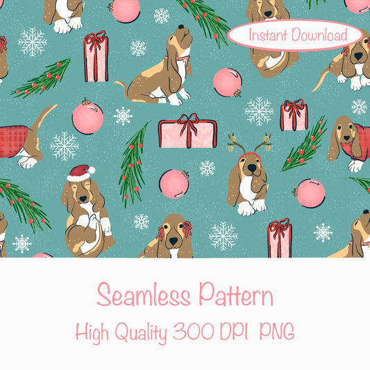Christmas Basset Hound Seamless Pattern Blue Green | Holiday Dog Print | 12x12” PNG Digital Download Christmas Basset Hound Seamless Pattern | Holiday Dog Print | 12x12” PNG Digital Download