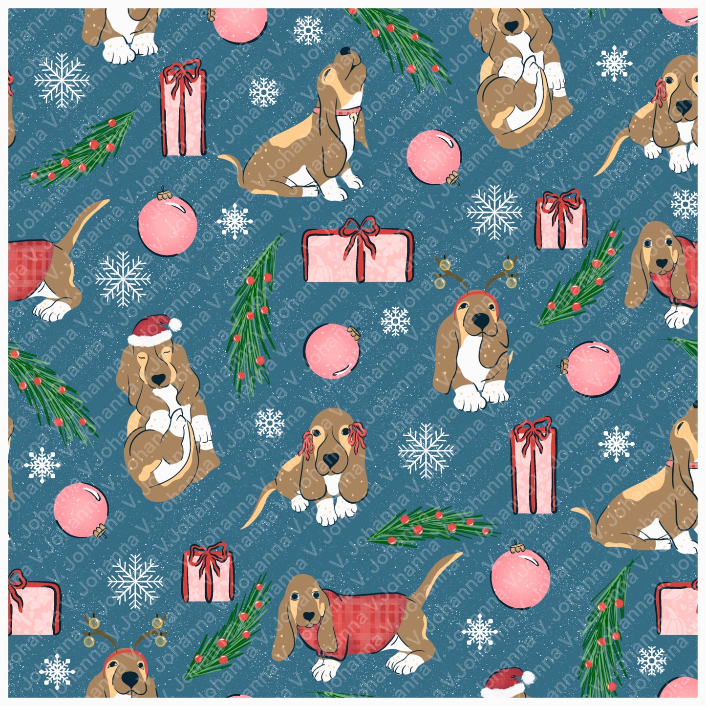 Christmas Basset Hound Seamless Pattern Bundle Blue | Ornaments, Lights, Gifts & Candy Canes | 12x12” PNGs | Digital Download | Commercial & Personal
