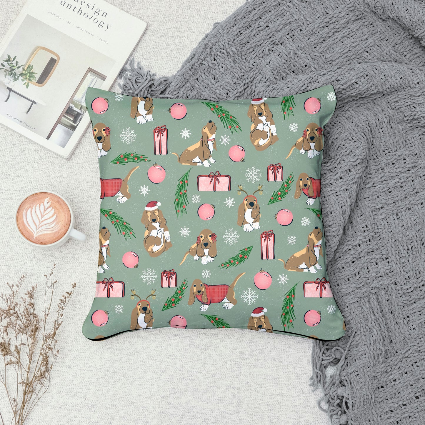 Christmas Basset Hound Seamless Pattern Bundle Green | Ornaments, Lights, Gifts & Candy Canes | 12x12” PNGs | Digital Download | Commercial & Personal