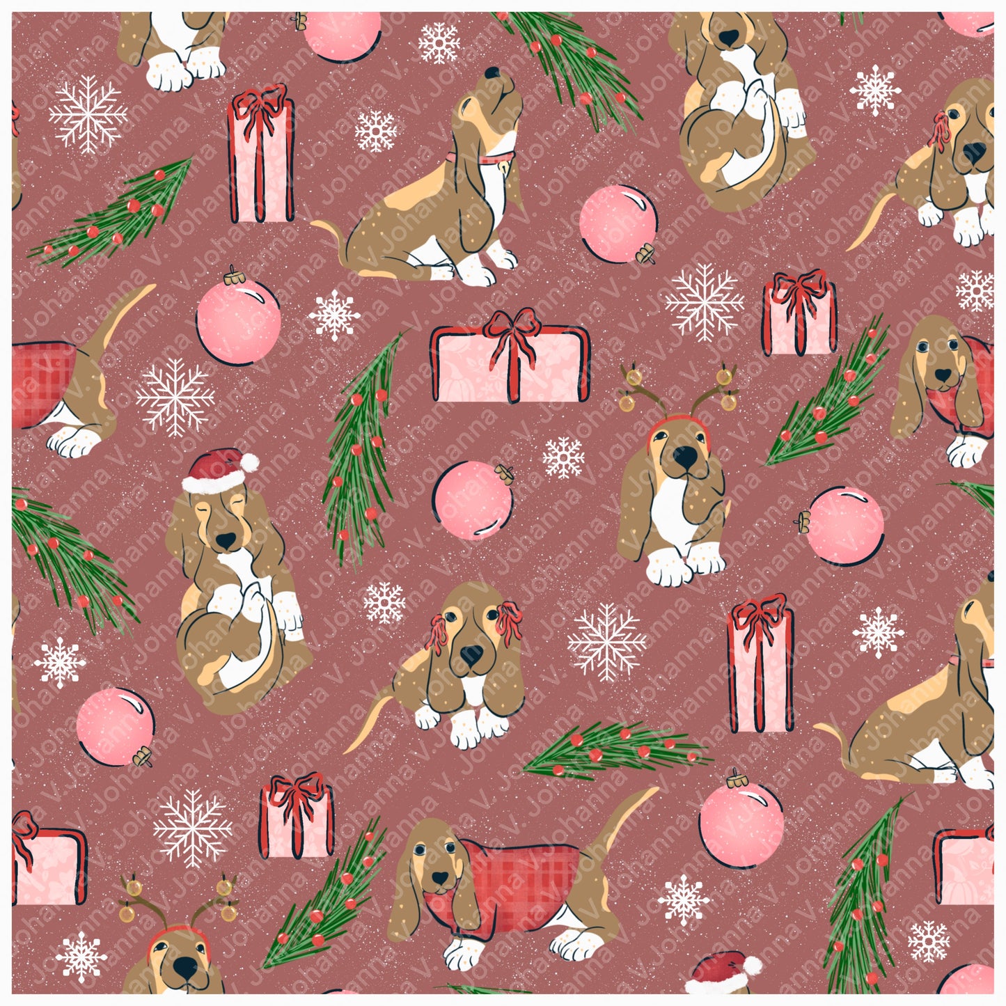 Christmas Basset Hound Seamless Pattern Bundle Mauve | Ornaments, Lights, Gifts & Candy Canes | 12x12” PNGs | Digital Download | Commercial & Personal