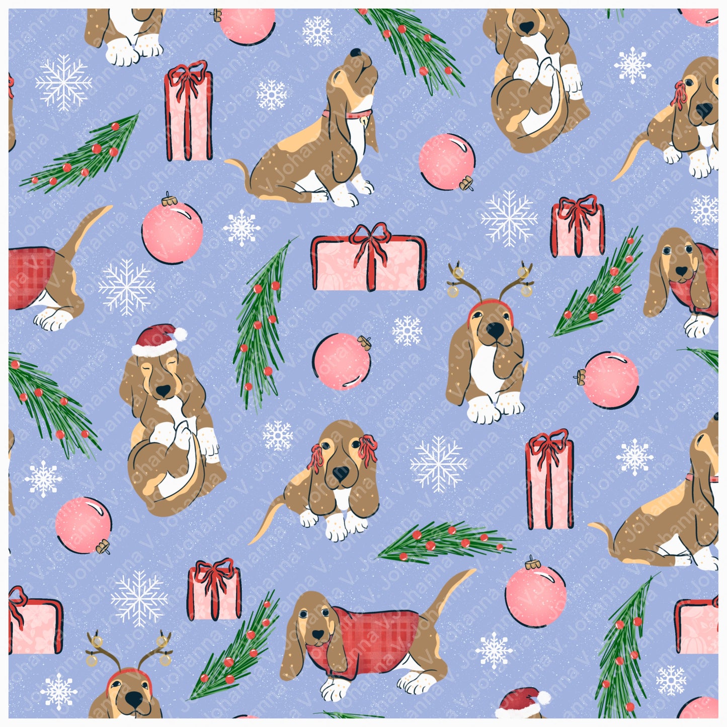 Christmas Basset Hound Seamless Pattern Bundle Purple | Ornaments, Lights, Gifts & Candy Canes | 12x12” PNGs | Digital Download | Commercial & Personal