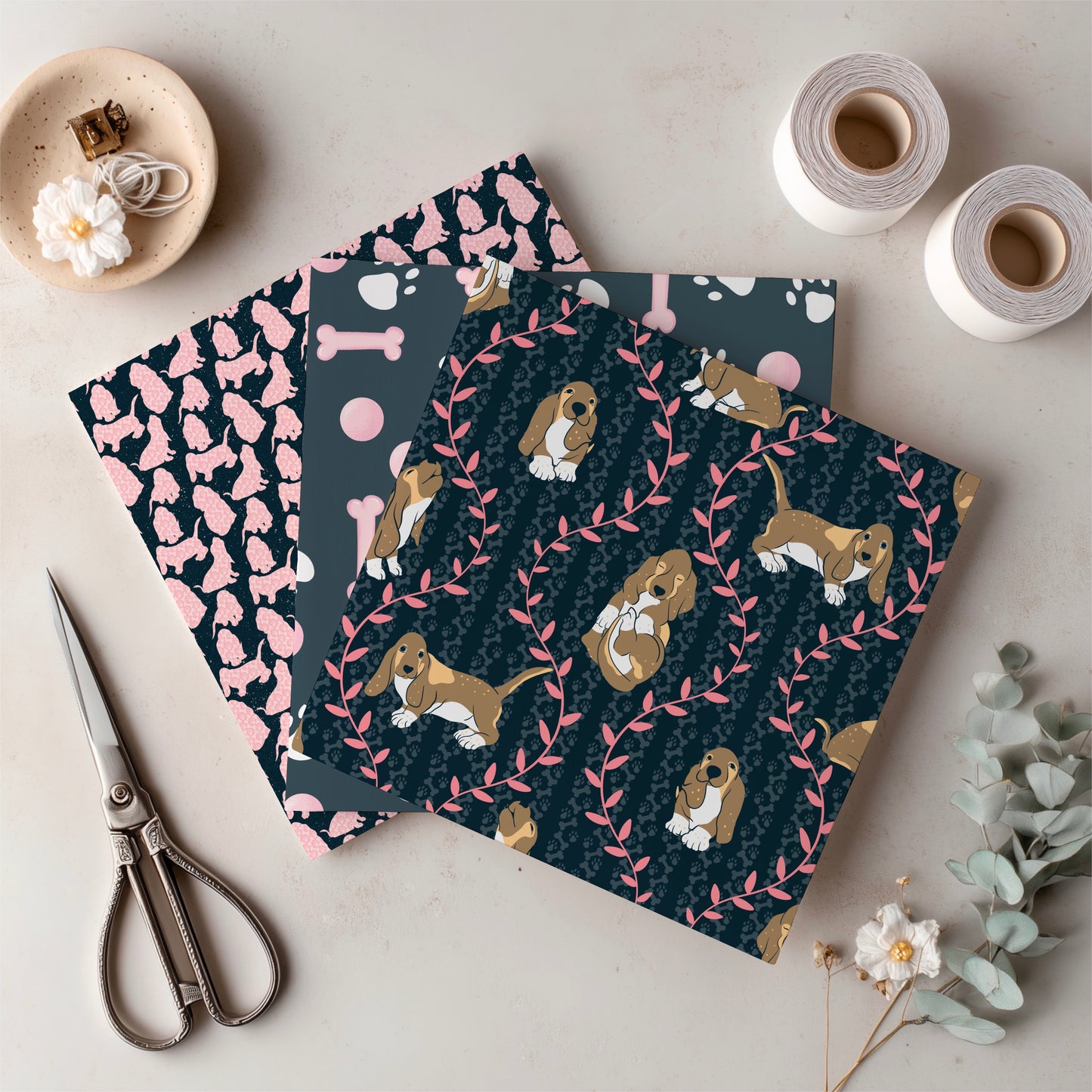 Basset Hound Seamless Pattern Bundle Black | Florals, Botanicals & Dog Toys | 12x12” PNGs | Digital Download | Commercial & Personal
