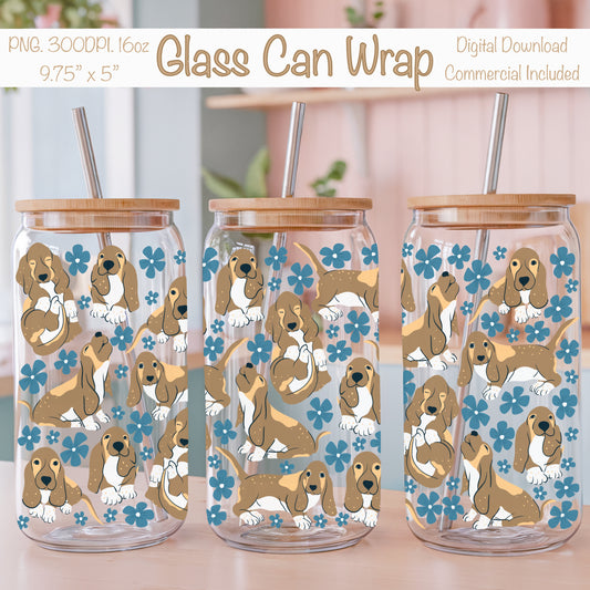 Basset Hound Floral Glass Can Wrap PNG Blue | Cute Dog Cup Design | 12.75x6.5 Sublimation Wrap | Commercial Use