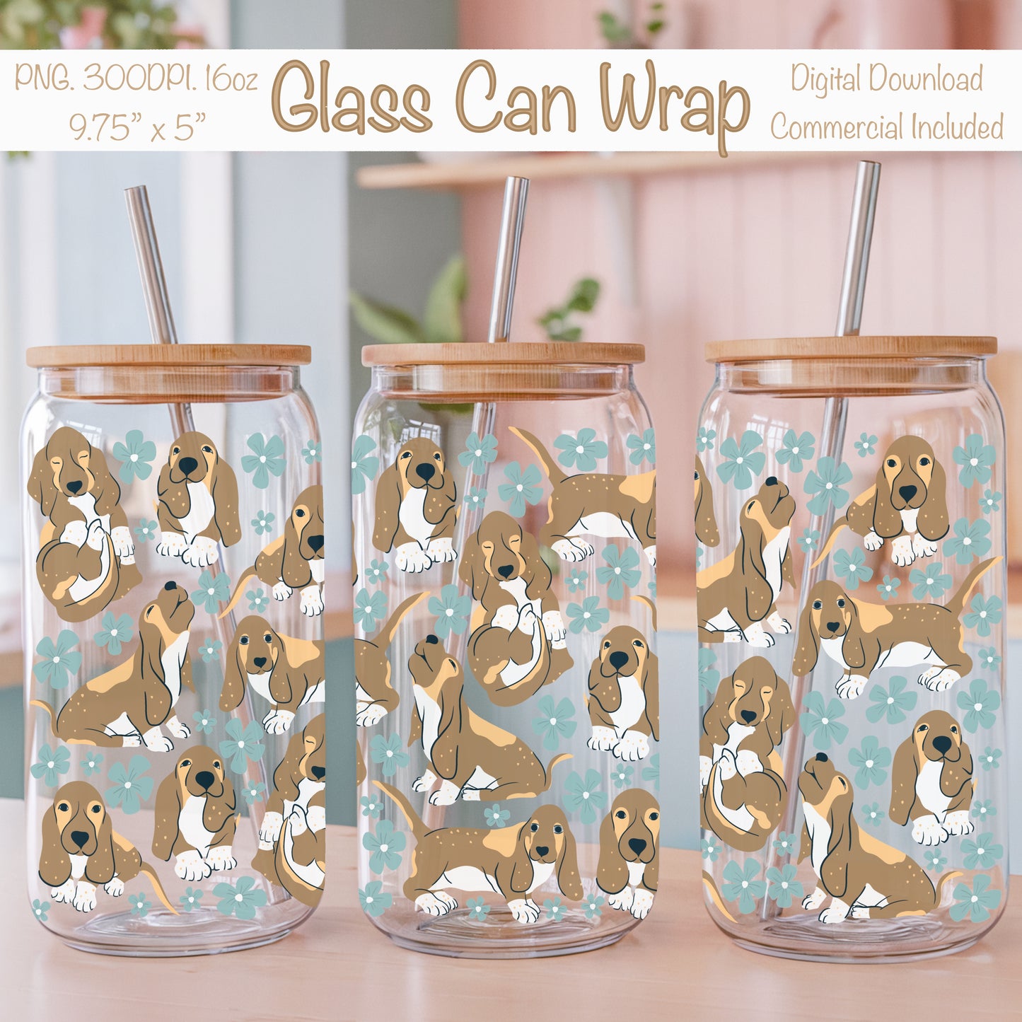 Basset Hound Floral Glass Can Wrap PNG Green | Cute Dog Cup Design | 12.75x6.5 Sublimation Wrap | Commercial Use