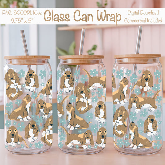Basset Hound Floral Glass Can Wrap PNG Green | Cute Dog Cup Design | 12.75x6.5 Sublimation Wrap | Commercial Use