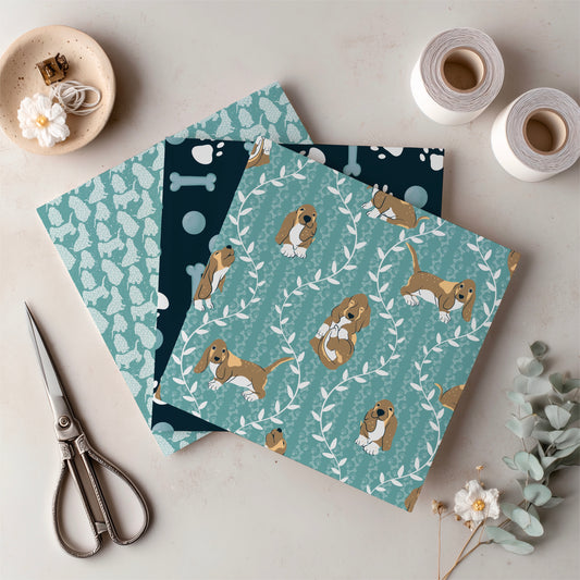 Basset Hound Seamless Pattern Bundle Blue Green | Florals, Botanicals & Dog Toys | 12x12” PNGs | Digital Download | Commercial & Personal