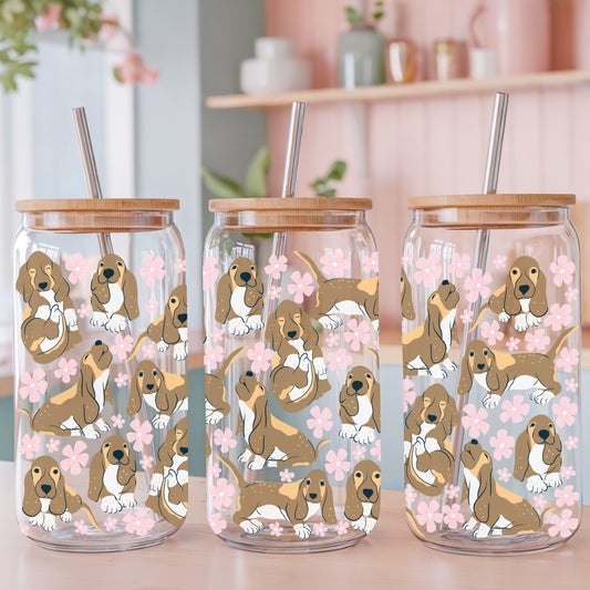 Basset Hound Floral Glass Can Wrap PNG Light Pink | Cute Dog Cup Design | 12.75x6.5 Sublimation Wrap | Commercial Use