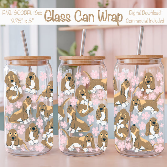 Basset Hound Floral Glass Can Wrap PNG Light Pink | Cute Dog Cup Design | 12.75x6.5 Sublimation Wrap | Commercial Use