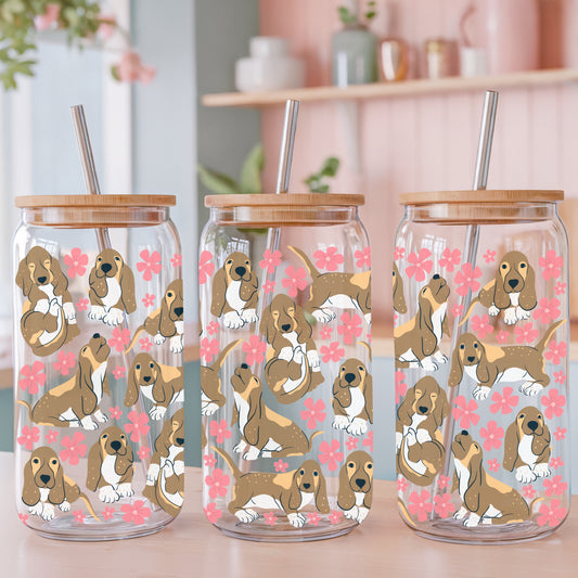 Basset Hound Floral Glass Can Wrap PNG Pink | Cute Dog Cup Design | 12.75x6.5 Sublimation Wrap | Commercial Use