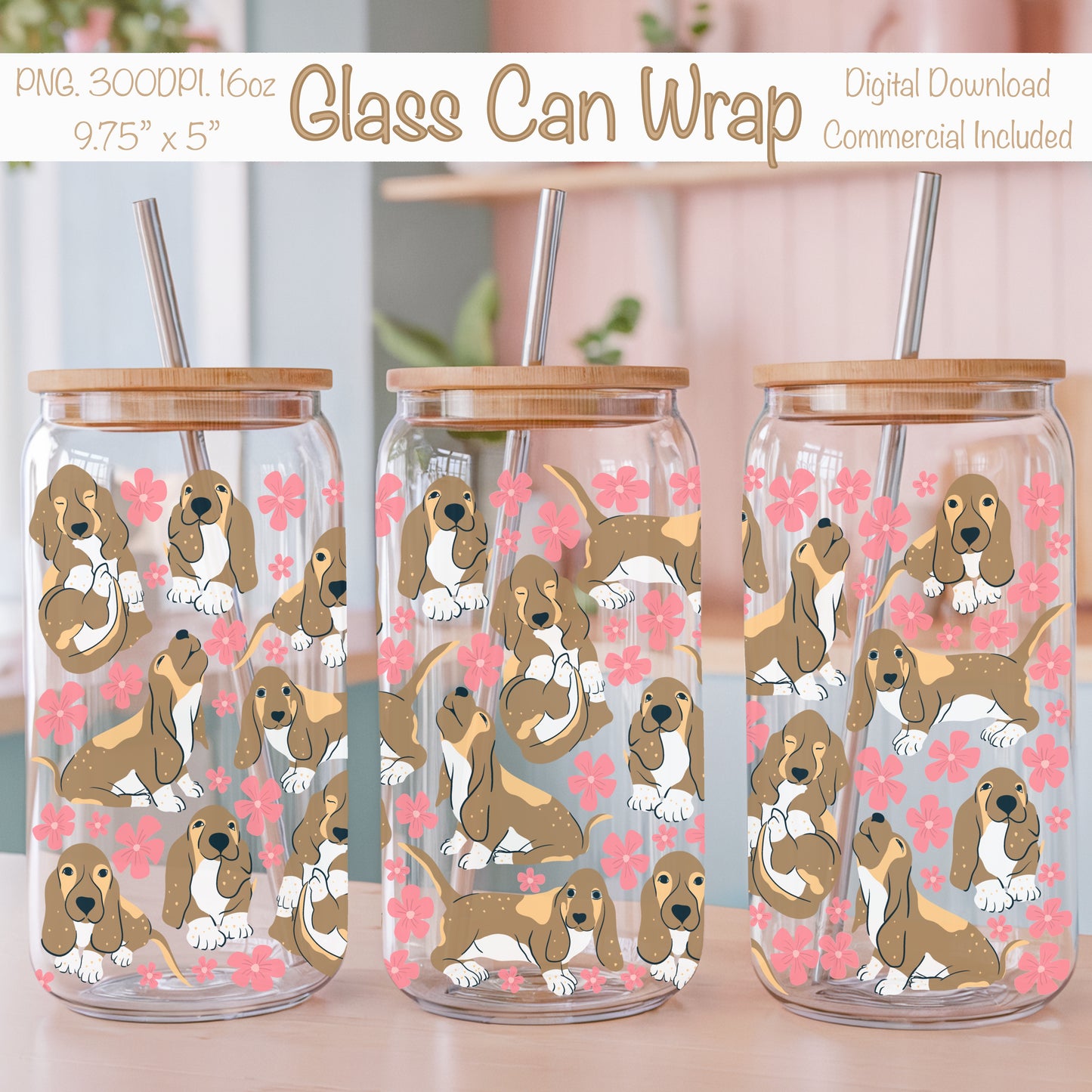 Basset Hound Floral Glass Can Wrap PNG Pink | Cute Dog Cup Design | 12.75x6.5 Sublimation Wrap | Commercial Use