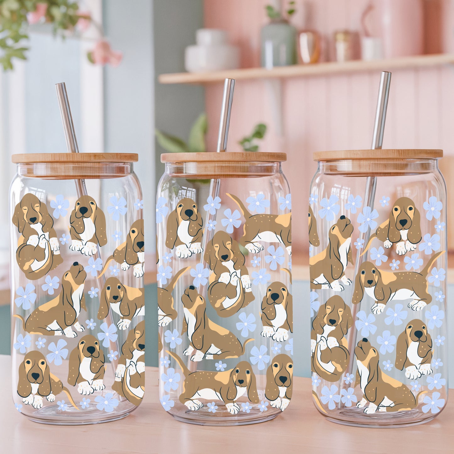 Basset Hound Floral Glass Can Wrap PNG Purple | Cute Dog Cup Design | 12.75x6.5 Sublimation Wrap | Commercial Use