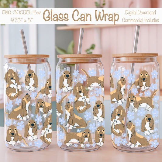 Basset Hound Floral Glass Can Wrap PNG Purple | Cute Dog Cup Design | 12.75x6.5 Sublimation Wrap | Commercial Use