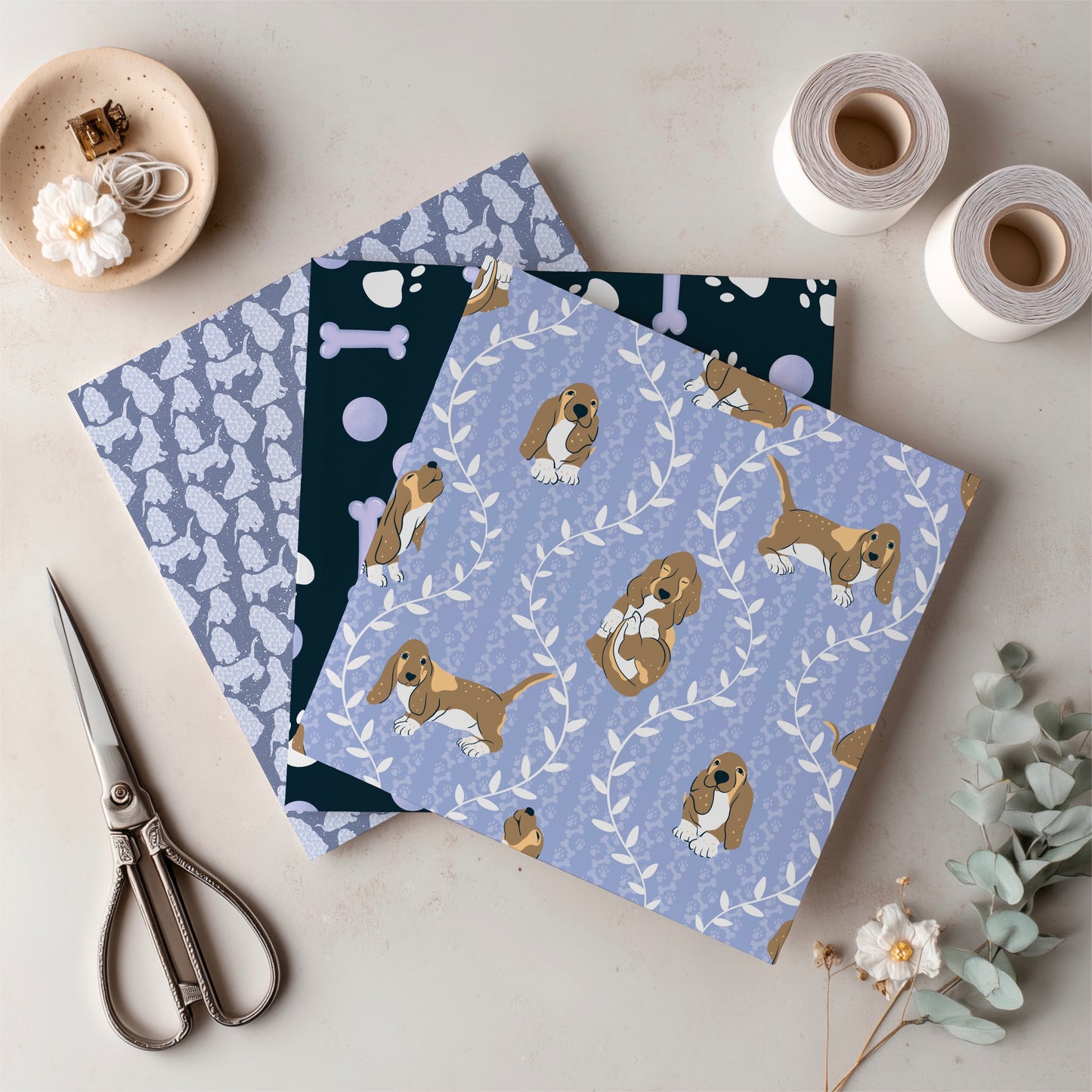 Basset Hound Seamless Pattern Bundle Purple | Florals, Botanicals & Dog Toys | 12x12” PNGs | Digital Download | Commercial & Personal