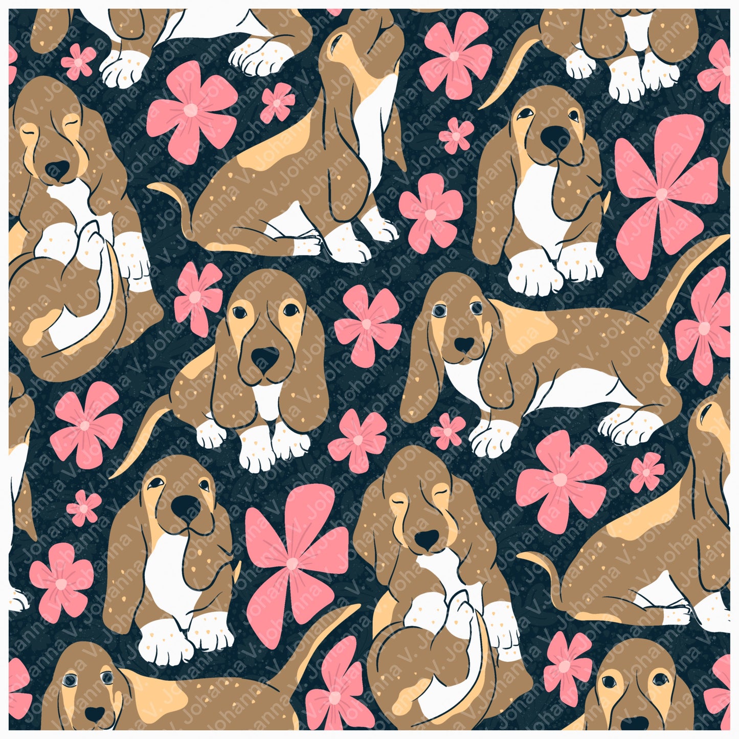 Basset Hound Seamless Pattern Bundle Black | Florals, Botanicals & Dog Toys | 12x12” PNGs | Digital Download | Commercial & Personal