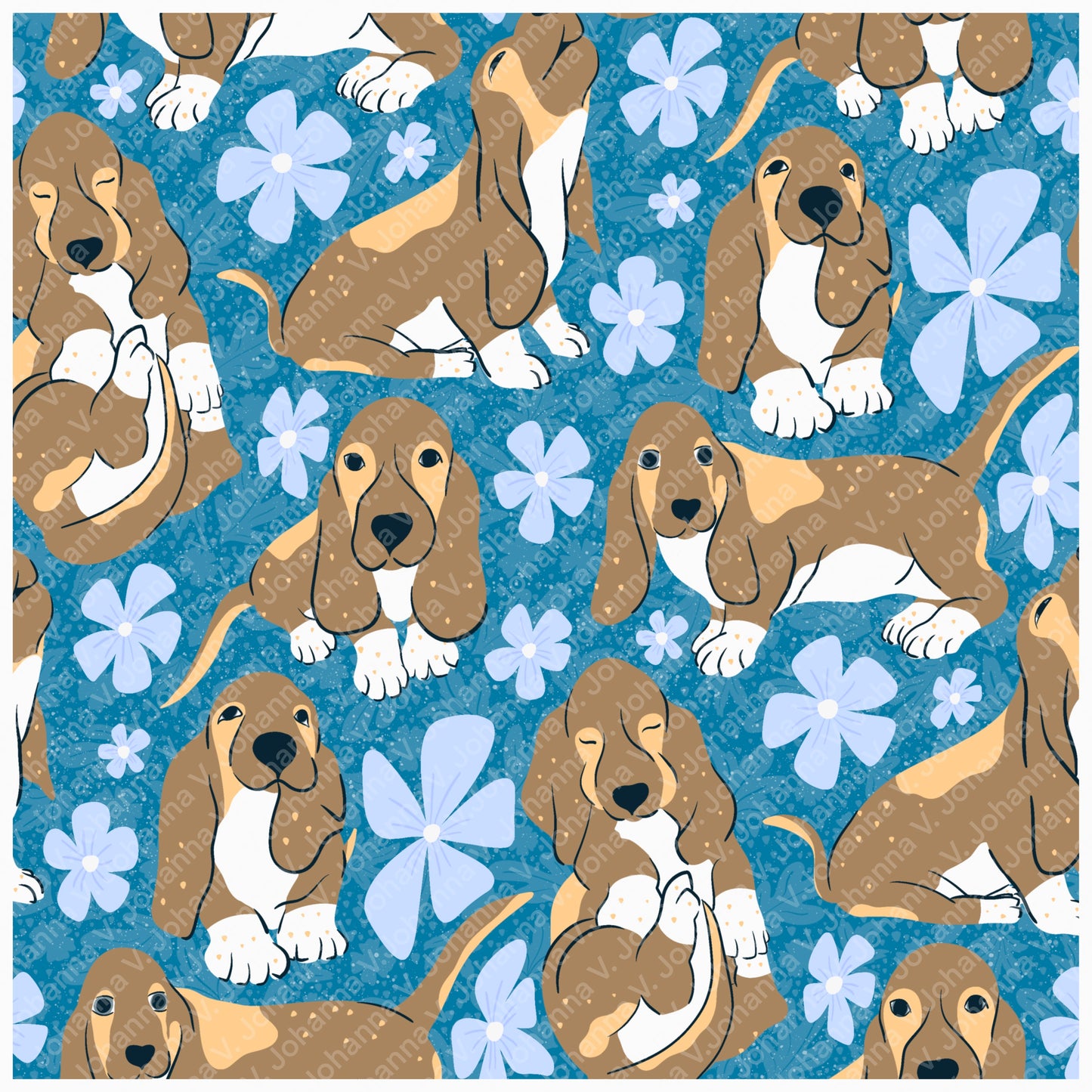 Basset Hound Seamless Pattern Bundle Blue | Florals, Botanicals & Dog Toys | 12x12” PNGs | Digital Download | Commercial & Personal