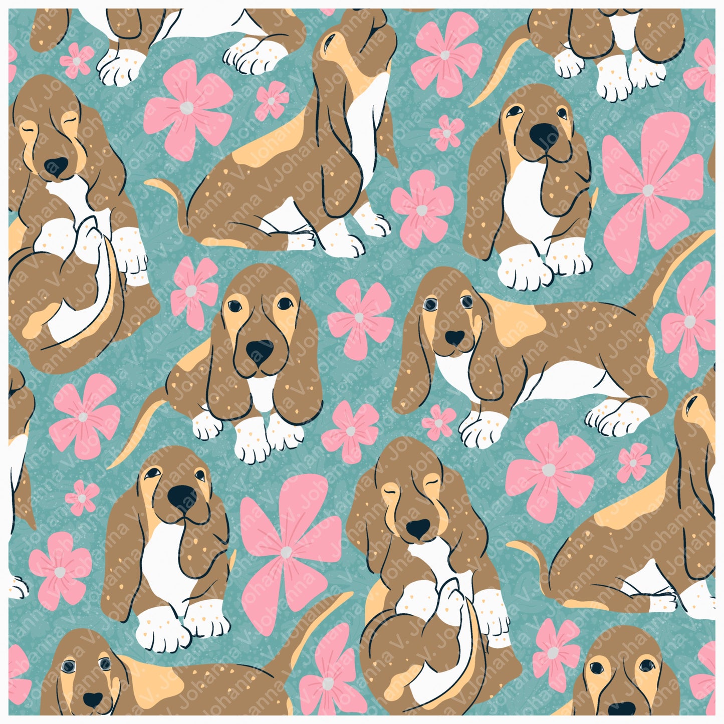 Basset Hound Seamless Pattern Bundle Blue Green | Florals, Botanicals & Dog Toys | 12x12” PNGs | Digital Download | Commercial & Personal
