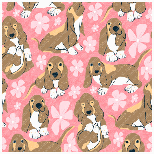 Basset Hound Floral Seamless Pattern Pink | Cute Dog Pattern | 12x12” PNG Digital Download