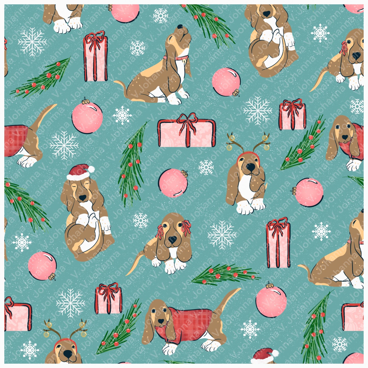 Christmas Basset Hound Seamless Pattern Bundle Blue Green | Ornaments, Lights, Gifts & Candy Canes | 12x12” PNGs | Digital Download | Commercial & Personal