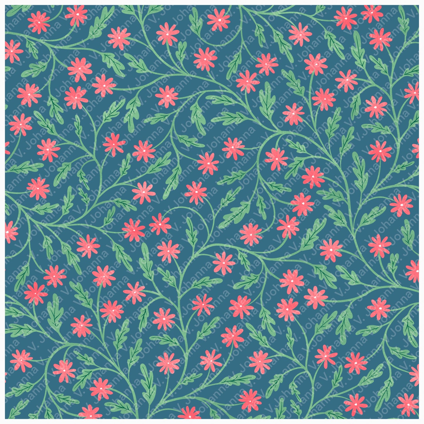 Seamless Blooming Vines Pattern Blue Pink | Spring Floral Greenery