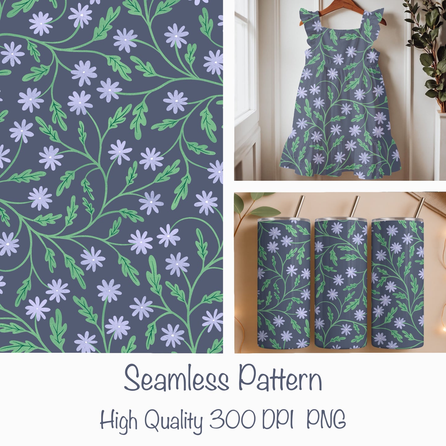 Seamless Blooming Vines Pattern Purple | Spring Floral Greenery