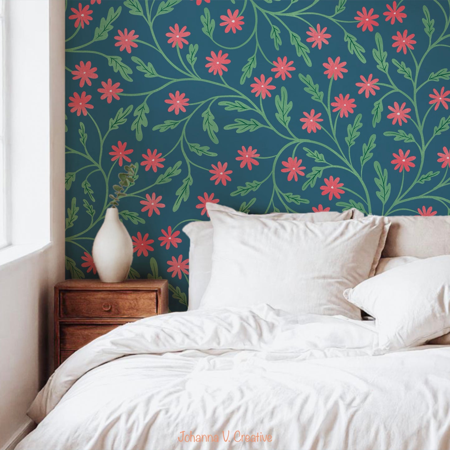 Seamless Blooming Vines Pattern Blue Pink | Spring Floral Greenery