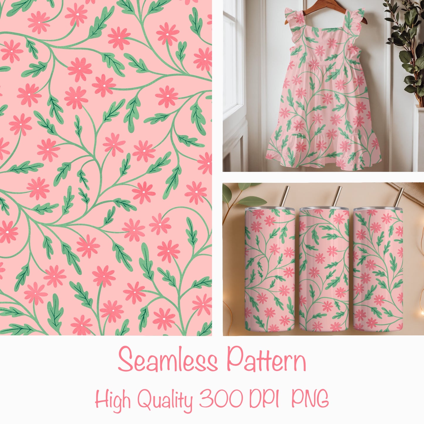 Seamless Blooming Vines Pattern Pink | Spring Floral Greenery