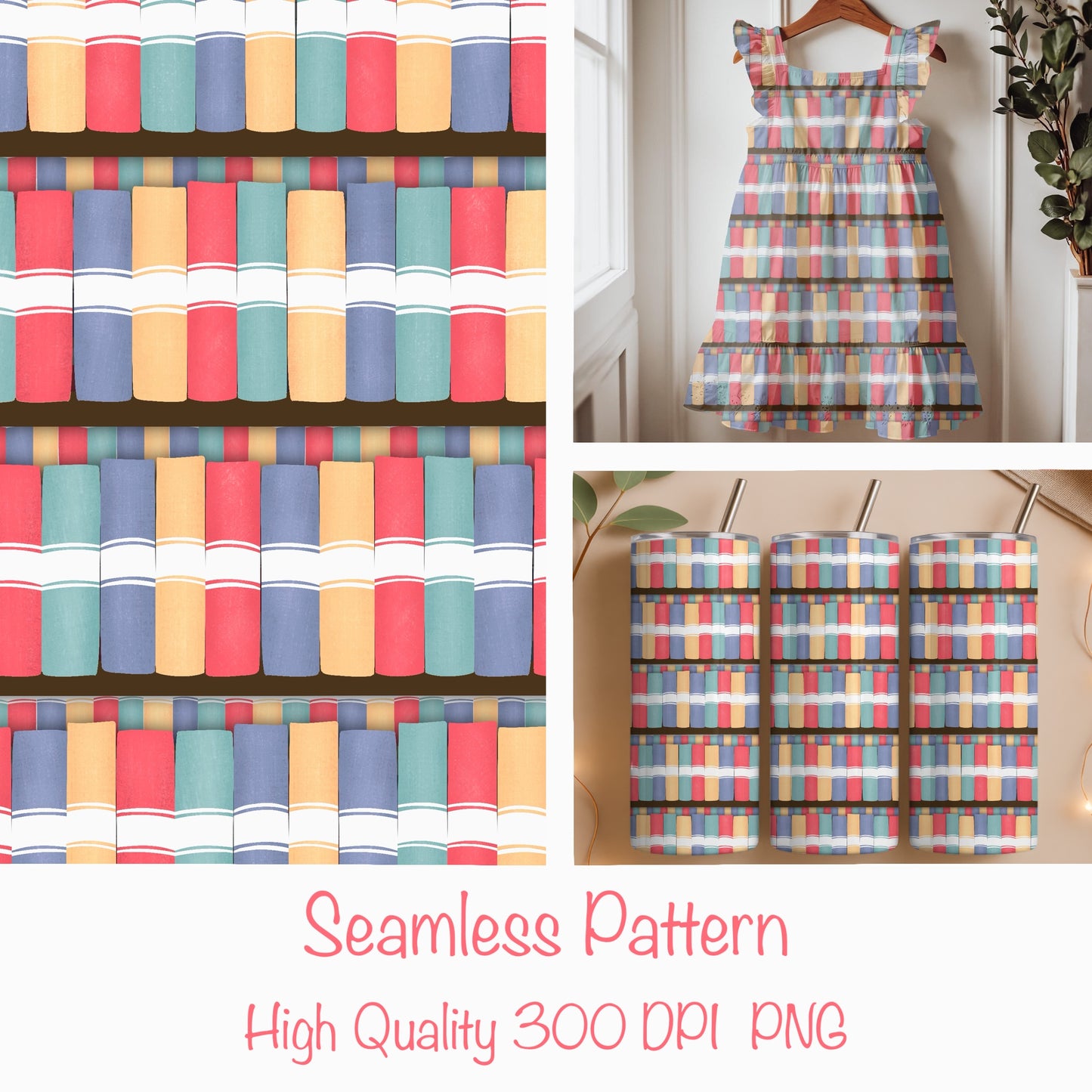 Seamless Bookshelf Pattern | Cozy Book Shelves & Books | Bookish Digital Paper PNG for Sublimation & POD