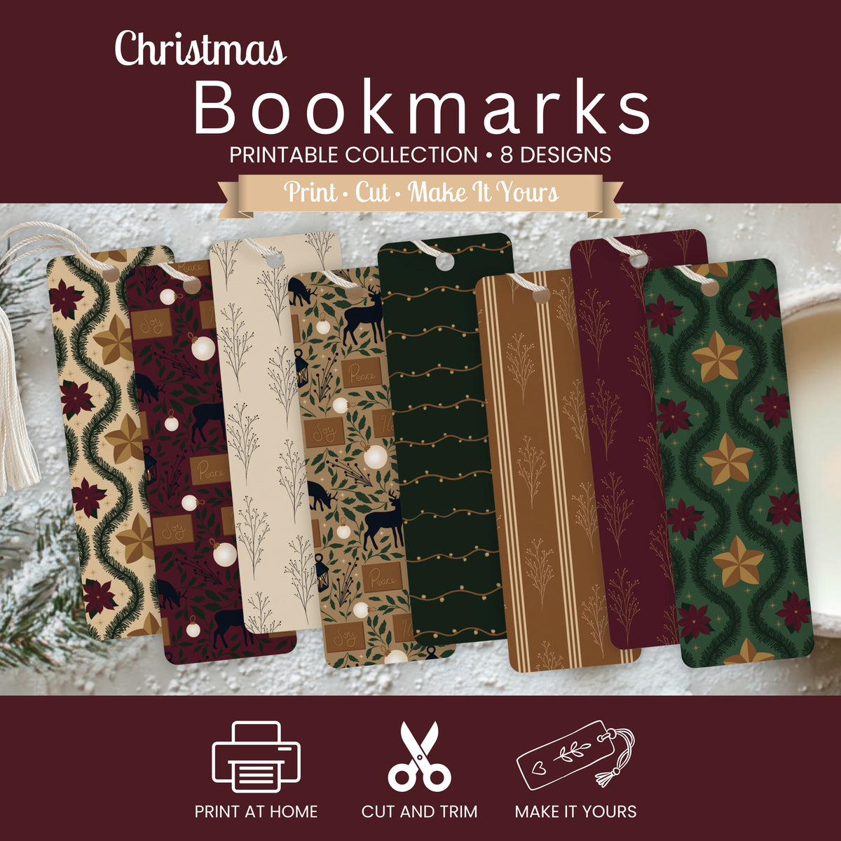 Christmas Patterned Bookmarks | Set of 8 Printable Bookmarks