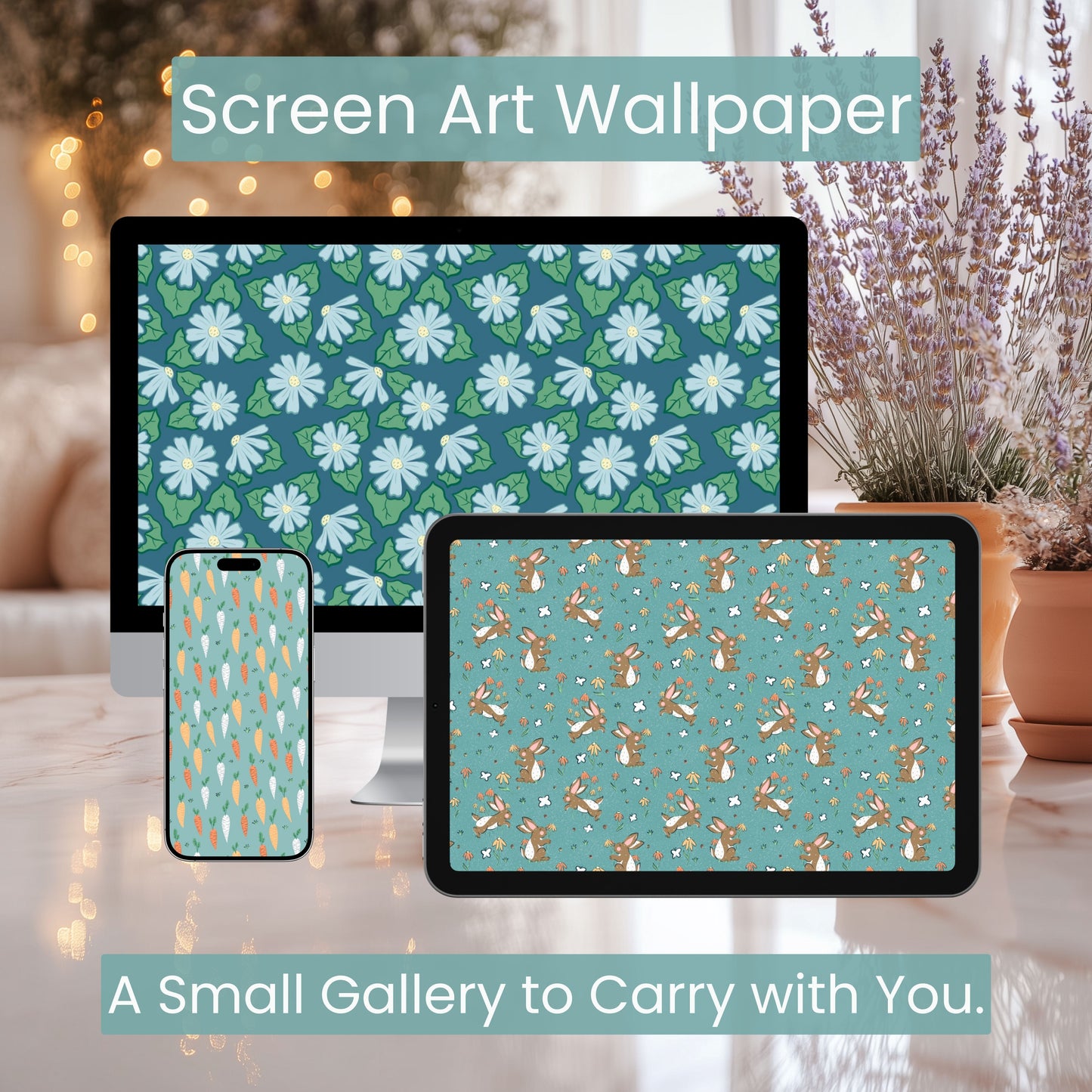 Spring Wallpaper Bundle of 3 Blue | Bunnies, Carrots, Floral Phone, Tablet & 4K Desktop Backgrounds | Instant Digital Download