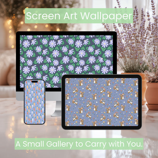 Spring Wallpaper Bundle of 3 Purple | Bunnies, Carrots, Floral Phone, Tablet & 4K Desktop Backgrounds | Instant Digital Download