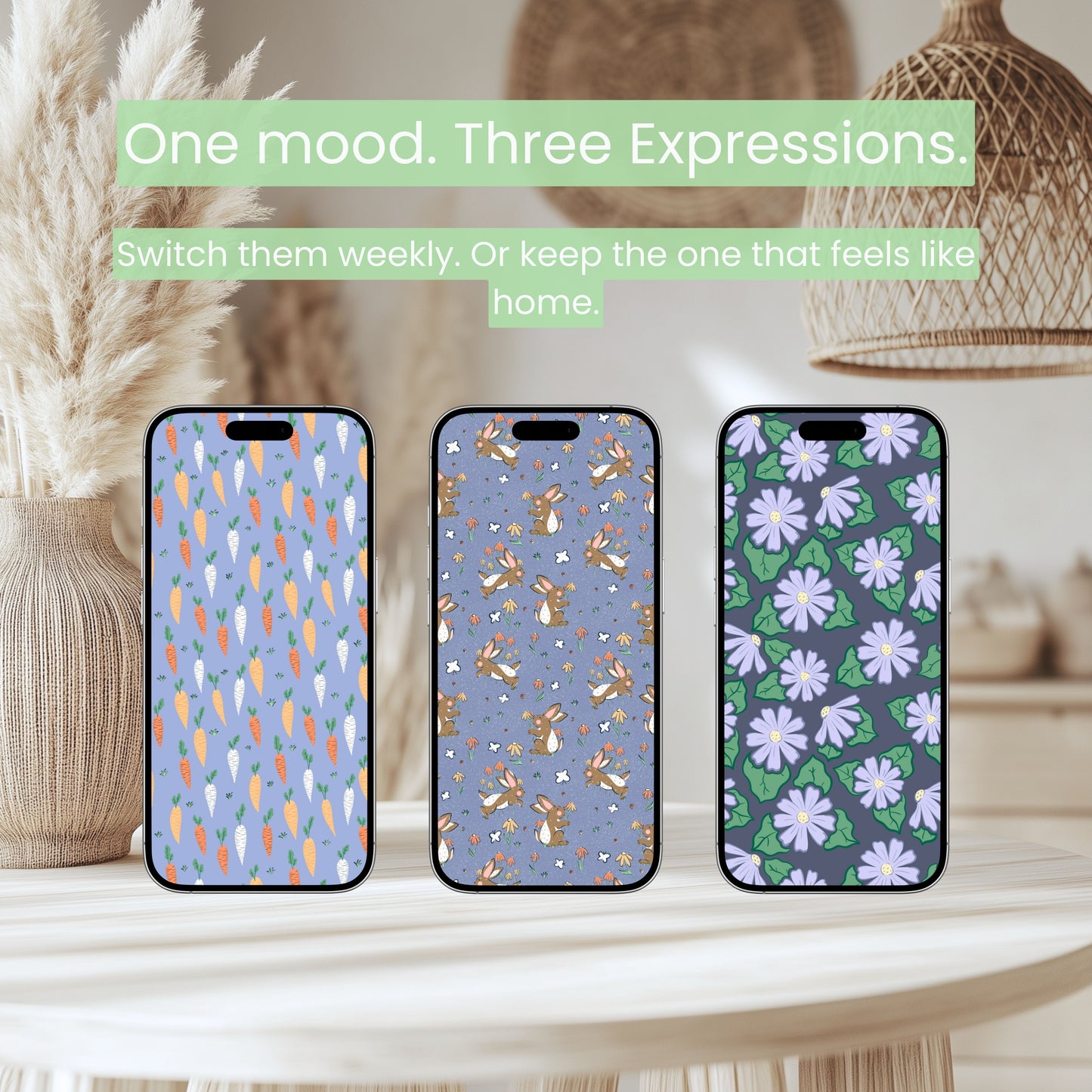 Spring Wallpaper Bundle of 3 Purple | Bunnies, Carrots, Floral Phone, Tablet & 4K Desktop Backgrounds | Instant Digital Download