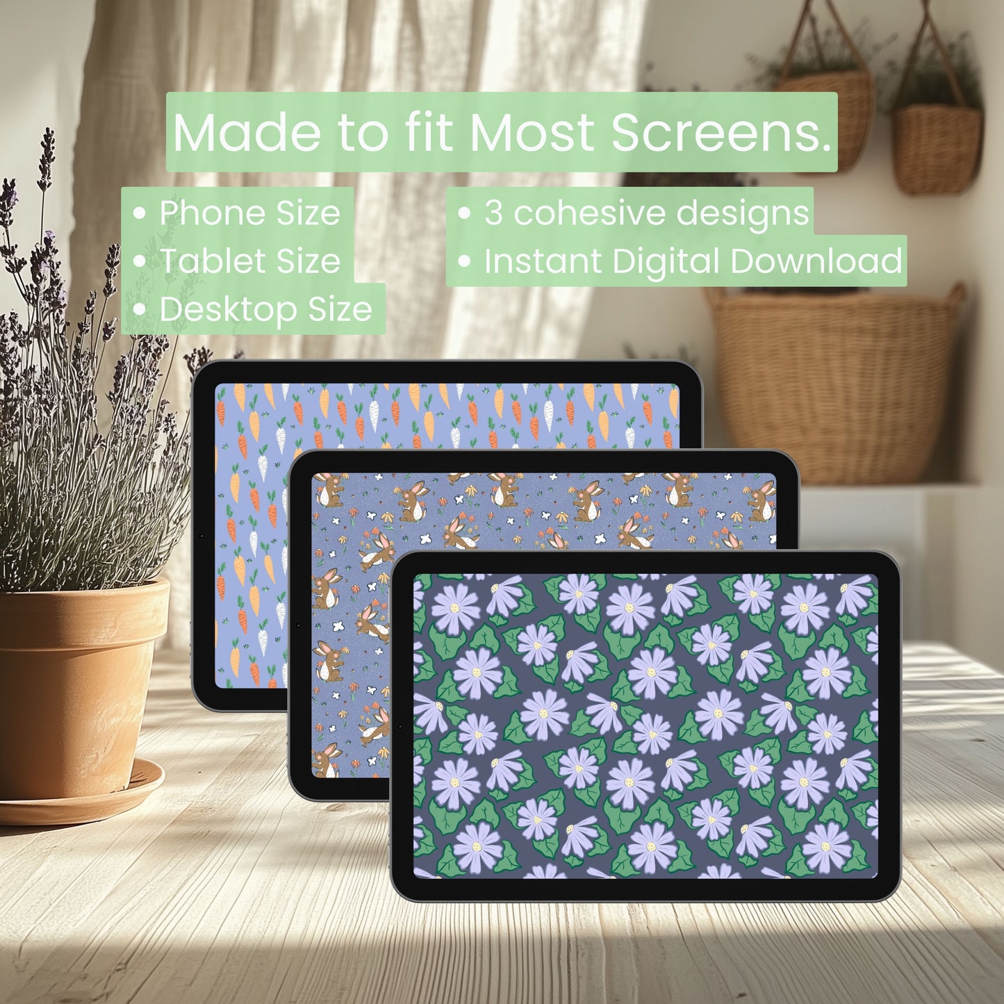 Spring Wallpaper Bundle of 3 Purple | Bunnies, Carrots, Floral Phone, Tablet & 4K Desktop Backgrounds | Instant Digital Download