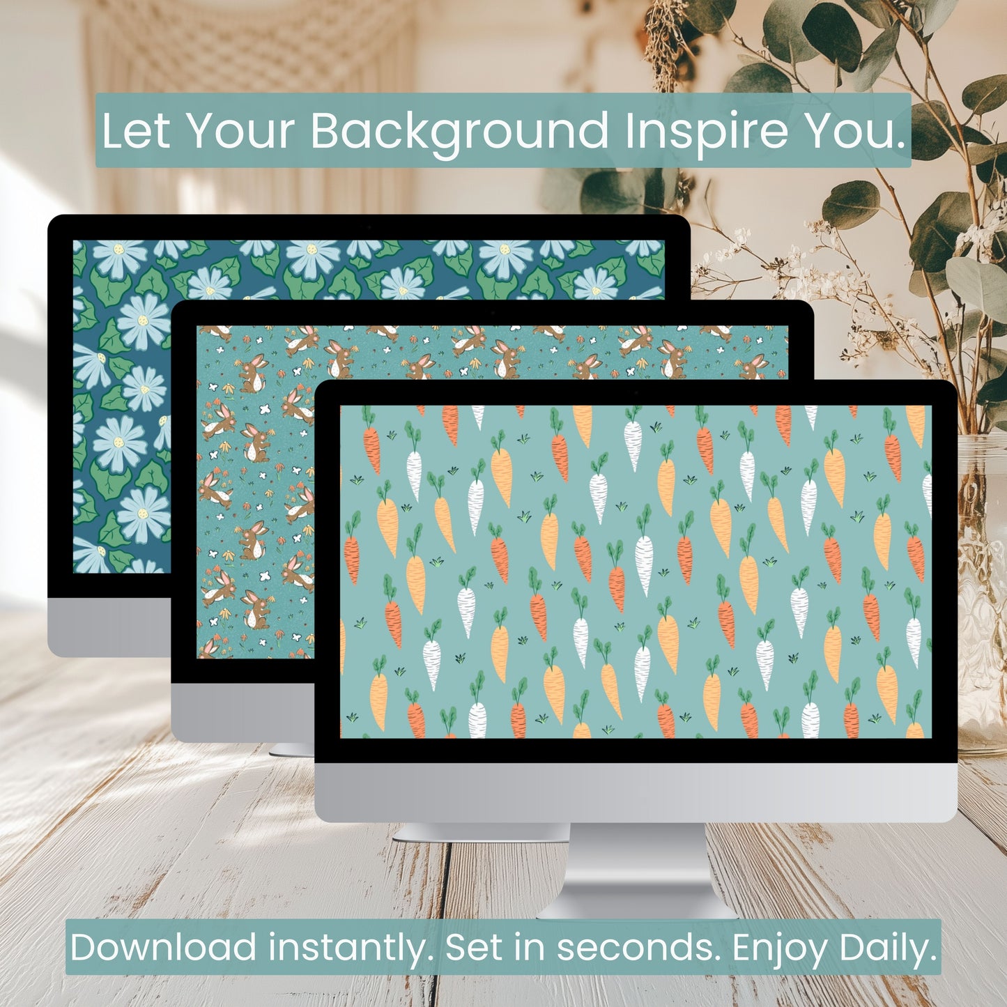 Spring Wallpaper Bundle of 3 Blue | Bunnies, Carrots, Floral Phone, Tablet & 4K Desktop Backgrounds | Instant Digital Download