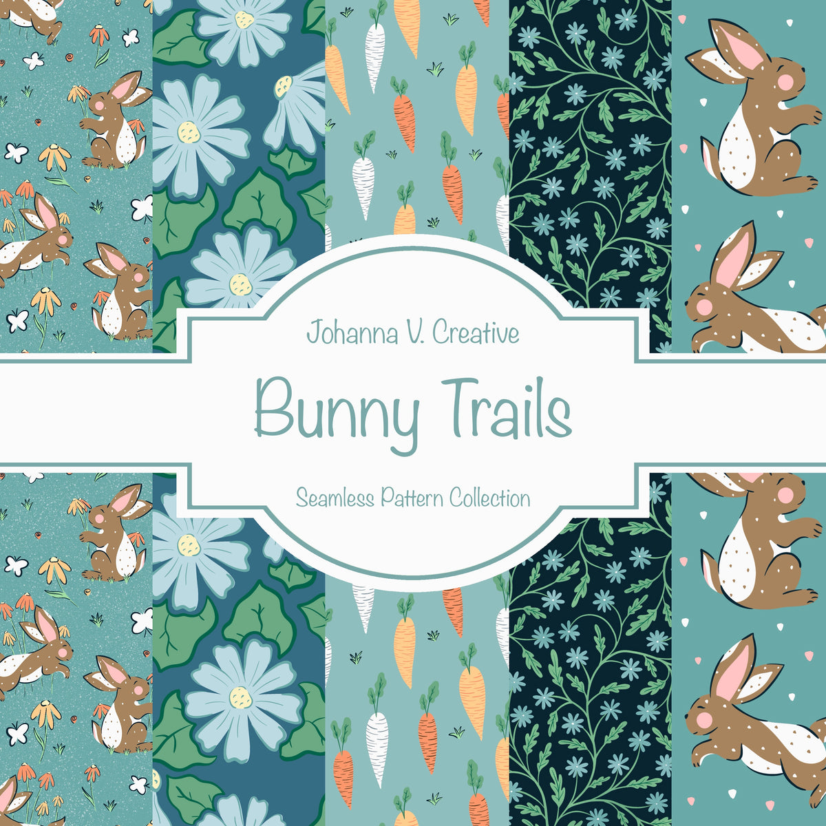 Spring Bunny Pattern Collection Blue | Bunnies, Flowers & Carrots | Se ...