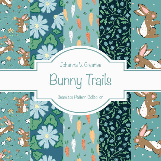 Spring Bunny Pattern Collection Blue | Bunnies, Flowers & Carrots | Seamless Digital Paper PNG for Sublimation & POD
