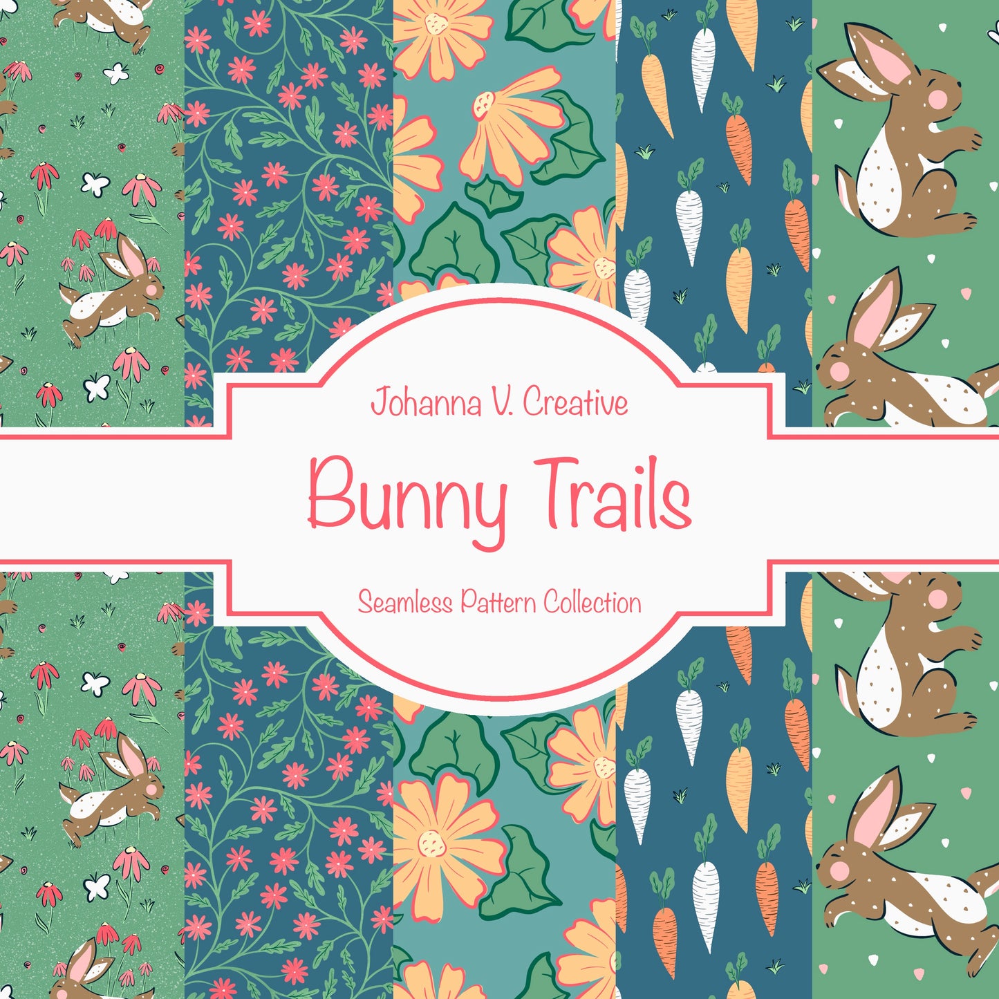 Spring Bunny Pattern Collection Green | Bunnies, Flowers & Carrots | Seamless Digital Paper PNG for Sublimation & POD