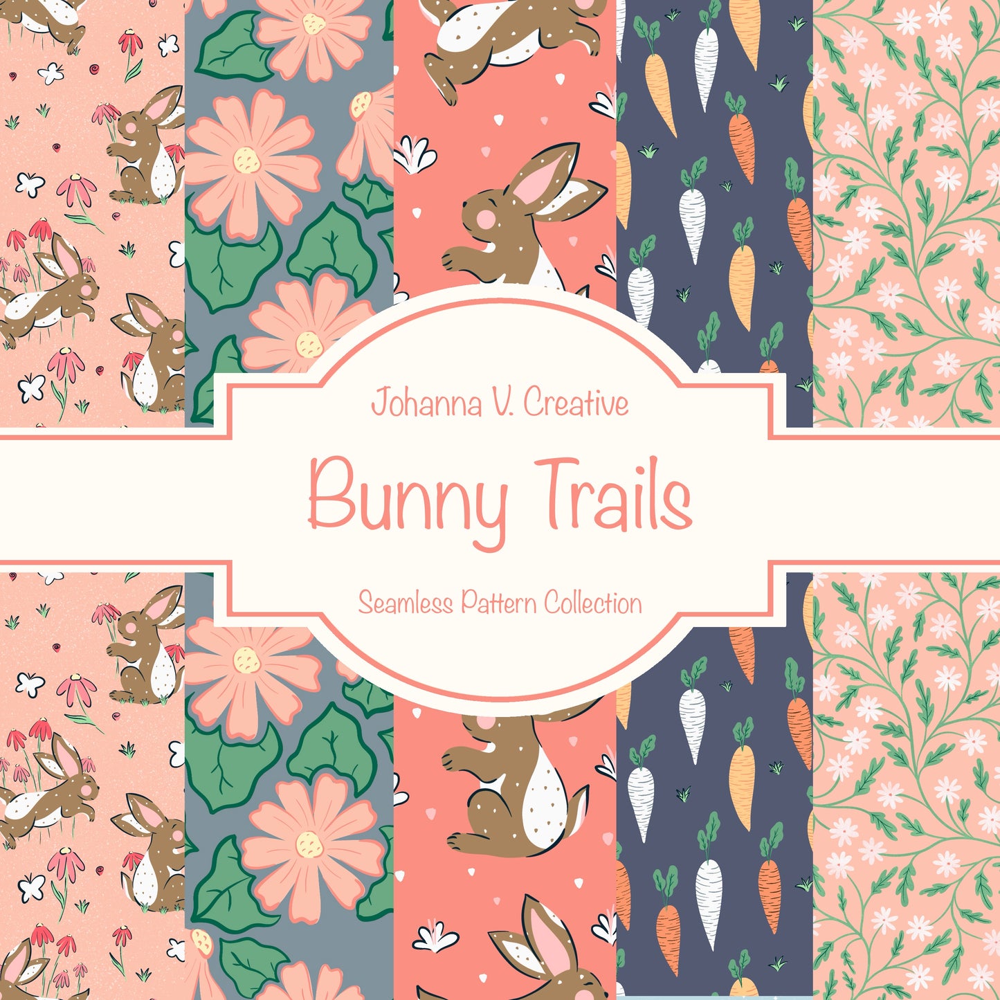 Spring Bunny Pattern Collection Peach | Bunnies, Flowers & Carrots | Seamless Digital Paper PNG for Sublimation & POD
