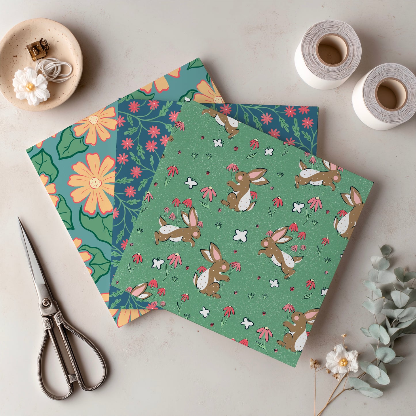 Spring Bunny Pattern Collection Green | Bunnies, Flowers & Carrots | Seamless Digital Paper PNG for Sublimation & POD