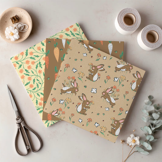 Spring Bunny Pattern Collection Orange | Bunnies, Flowers & Carrots | Seamless Digital Paper PNG for Sublimation & POD